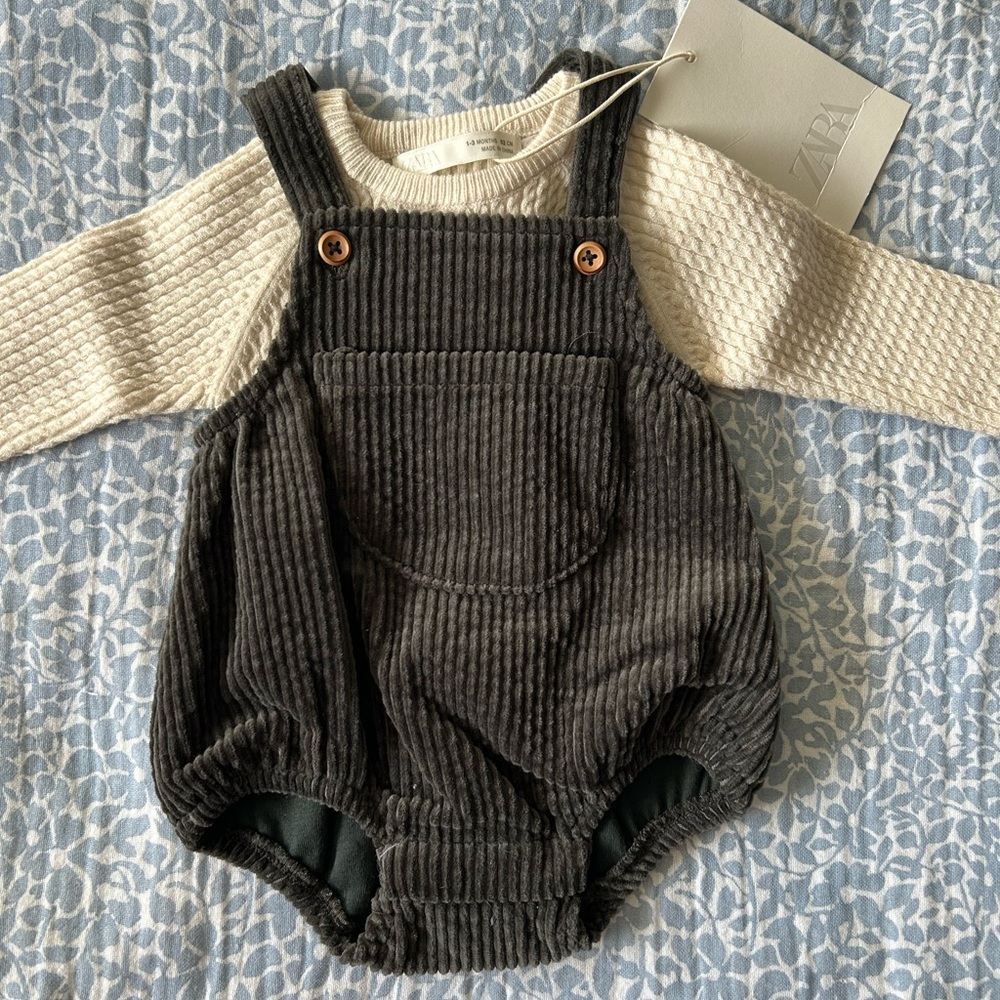 Zara Kids Cream Sweater and Gray Corduroy Romper Set